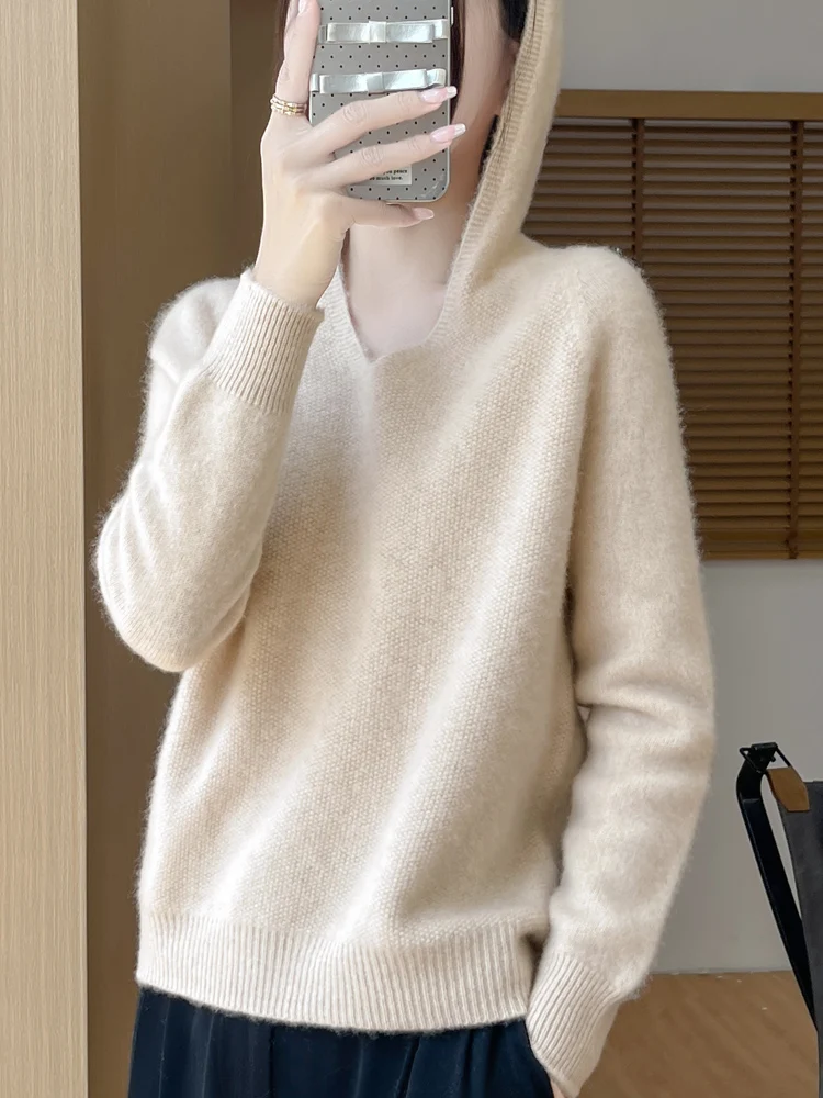 New Autumn Winter Women Cashmere Sweater 100% Merino Wool Hooded Pullover Thick Soft Quality Hoodie Knitwear Casual Jumper Tops