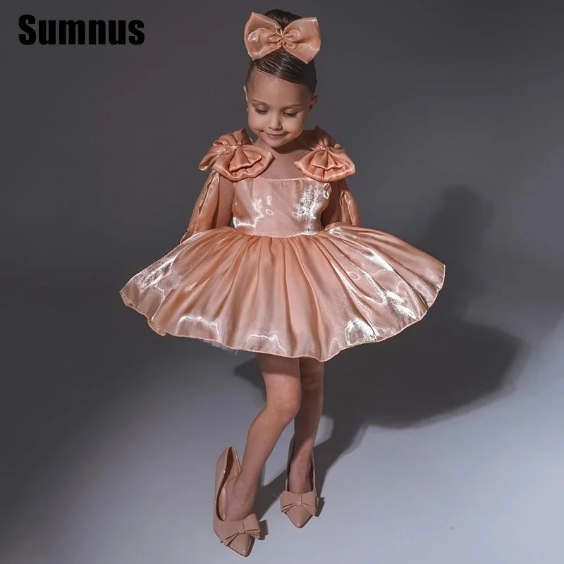 

SUMNUS Light Pink A-Line Flower Girl Dresses Cute Bows Tiered O-Neck Knee-Length Long Sleeves Wedding Occasion Gowns Customized