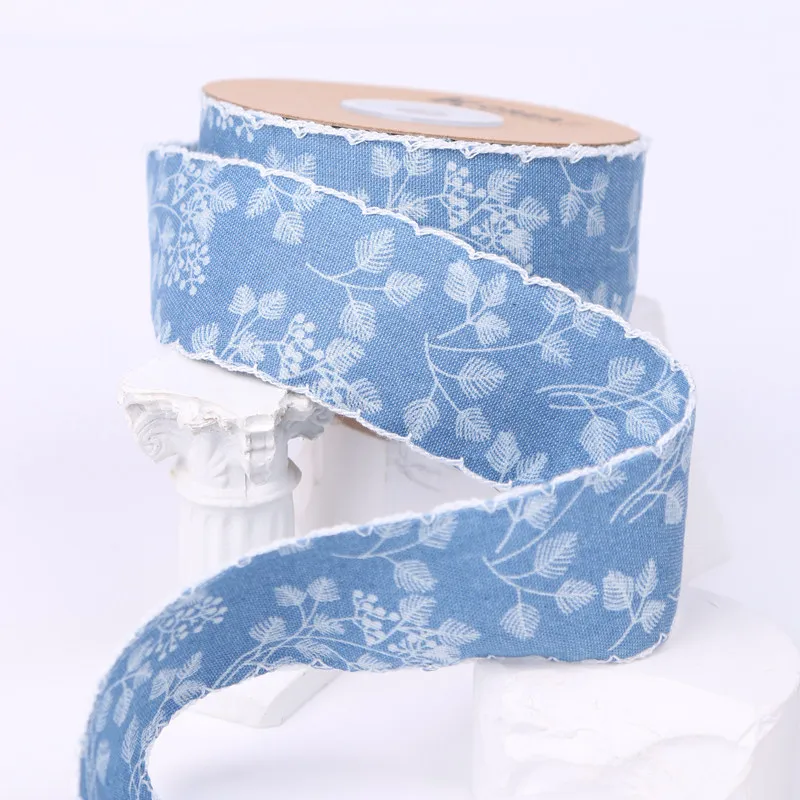 1m/4cm Bouquet Leaf Print Denim Webbing Lace DIY Handmade Bow Headband Hair Ring Sewing Accessories