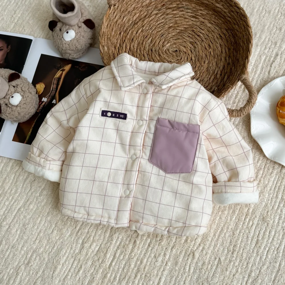 Ins 2024 Autumn Winter Baby Boys Parkas Plaid Plus Velvet Pocket Cotton Cliped Infant Boys Jacket Toddler Boys Coat Outfits