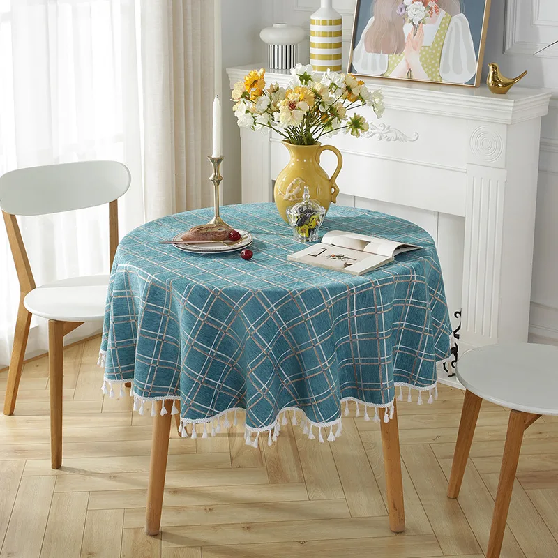 Korean Style Double Striped Grid  Tablecloth, Christmas Table Cloth, Checkered, Geometry, Round  Cover for Holiday Picnic