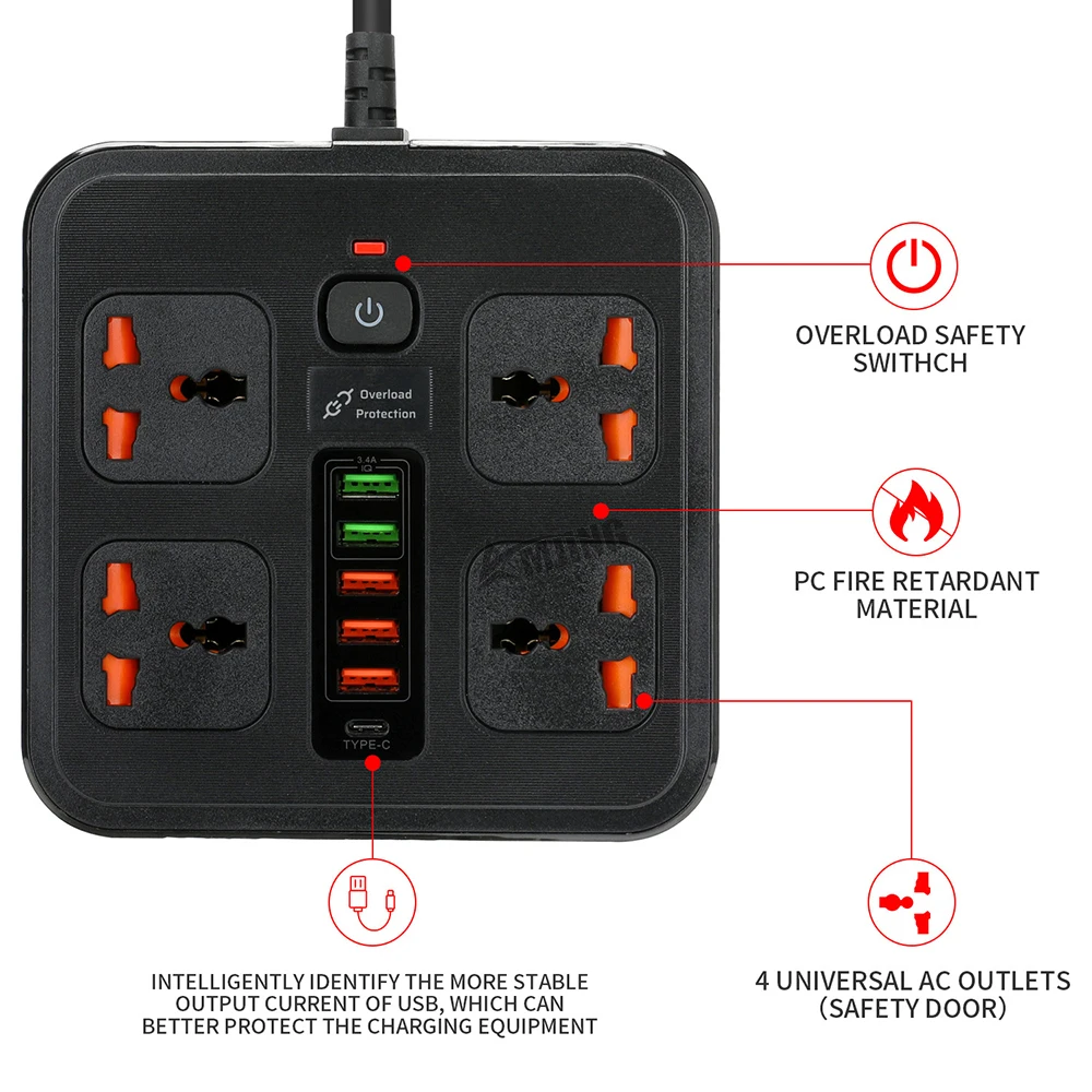 Imagem -06 - Tomada de Extensão Universal com 2m Fios Tomadas ac uk e eu Plug Protetor contra Surtos Faixa de Alimentação Rede Adaptador Filtro 10a 250v 3000w