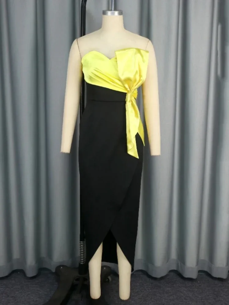 Sexy, figurbetonte Kleider für Damen, schulterfrei, große Schleife, verziert, Patchwork, vorne geteilt, Luxus-Geburtstagsparty, Club-Kleid, Kleidung