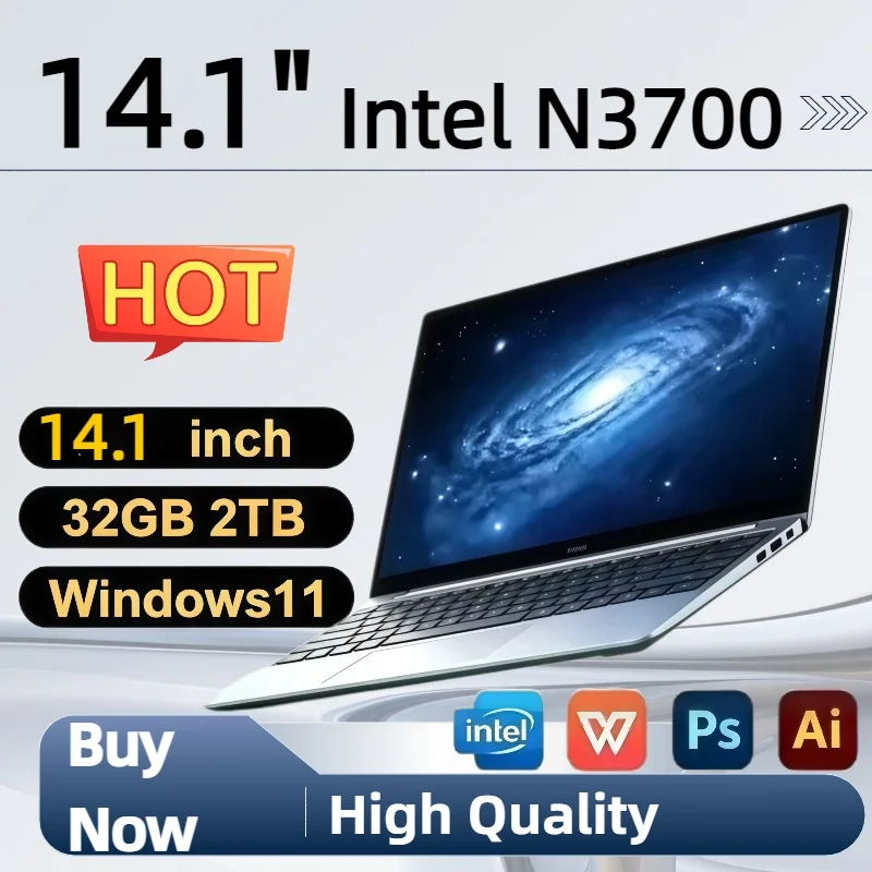 LENO Intel N3700 14,1 Zoll Ultra Slim Laptop Windows 11 16GB RAM 2TB SSD Notebook Gamer 1920*1080 Display Büro- und Lerncomputer PC