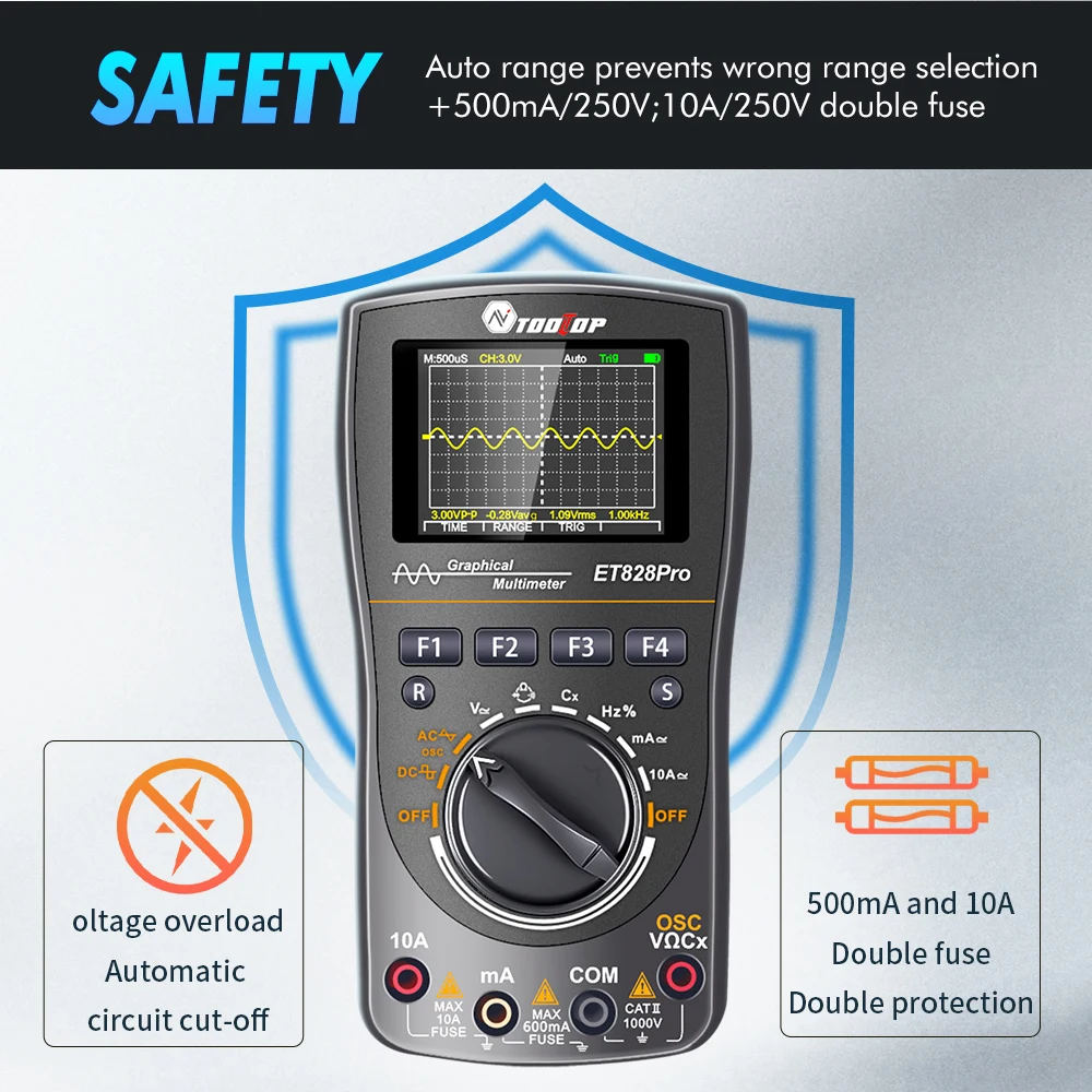 TOOLTOP ET828Pro Intelligent 10MHz 50Msps Digital Oscilloscope Multimeter Graphical 6000 Counts Disply Electrican Repair Tools