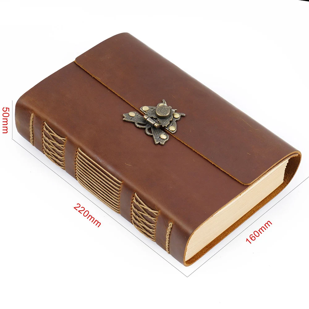 European Retro Office Books Decoration Leather Drawing Notebook, Vintage Diary with Lock, Blank Paper Record Book Hand Ledger