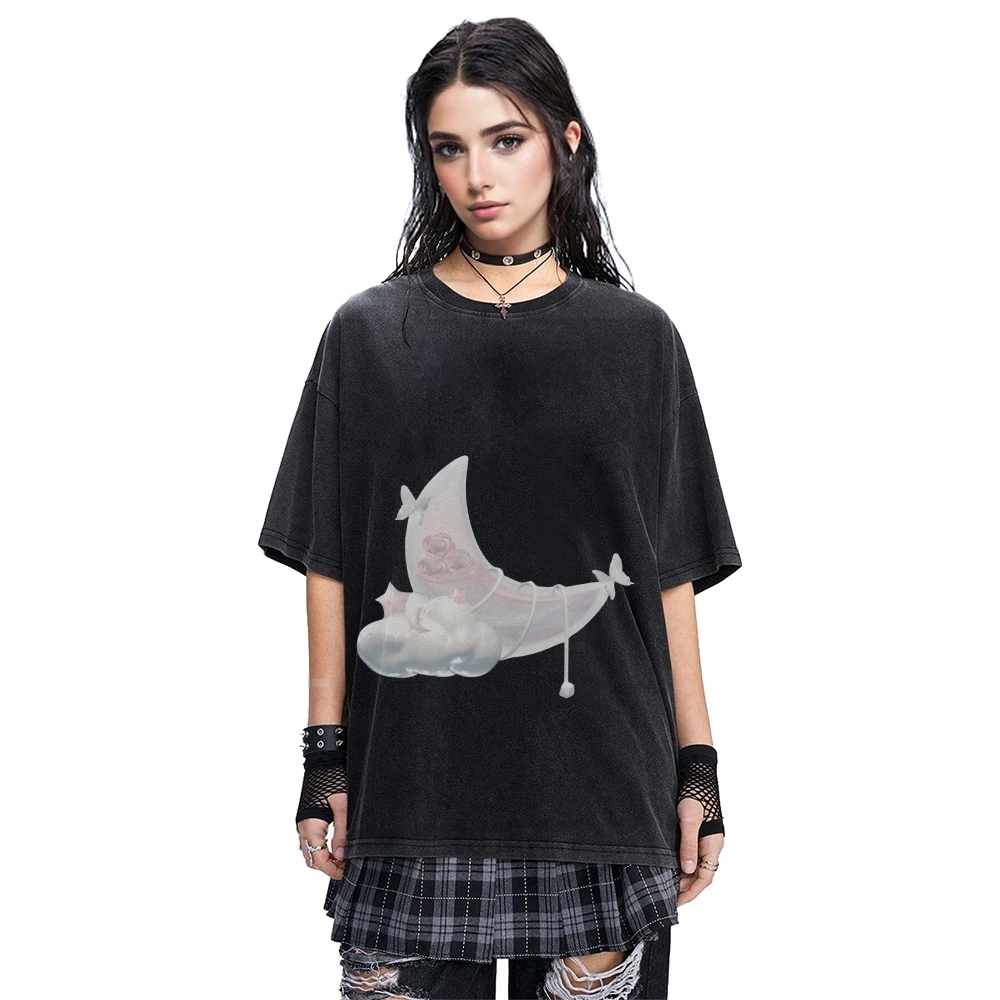 

Y2K Clothes Moon Cloud Tee 100% Cotton, High - Quality Oversize Washed Tee. Moon & Cloud Design, Dreamy Y2K Vibe.