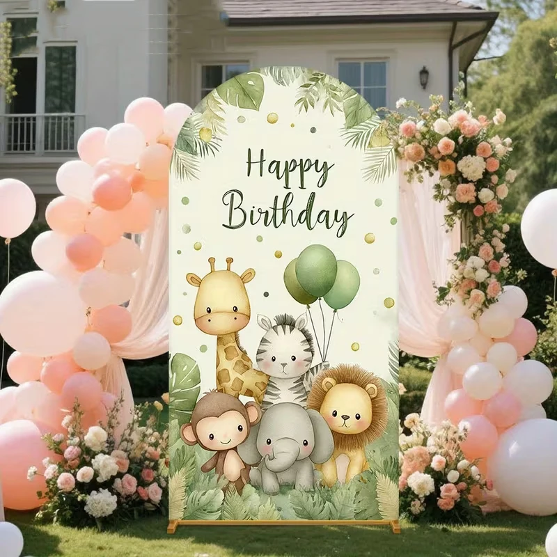 

Индивидуальный двусторонний фон-арка для вечеринки в стиле джунглей с дикими животными, зелеными листьями, воздушными шарами и реквизитом для торта на день рождения