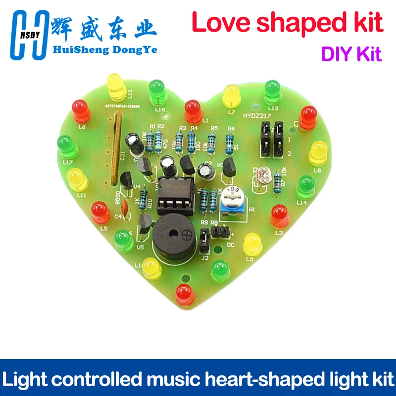 DIY Light-Controlled Music Heart-Shaped Color LED Electronic Kit 18 LED Cyclic Flashing PCB Soldering Practice Kit DC4.5-5V