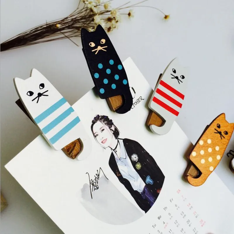 4PCS Mini Natural Painted oh my cat Wood Clip Set Cute Wooden Paper Clips Small Craft Photo Pegs Kawaii Stationery