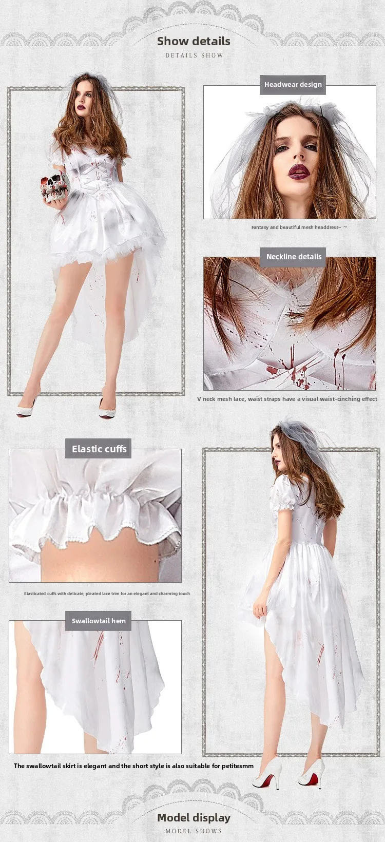 Loween branco fantasma noiva manchado de sangue zumbi morte deus casamento dr foto oot múmia esqueleto seco traje feminino