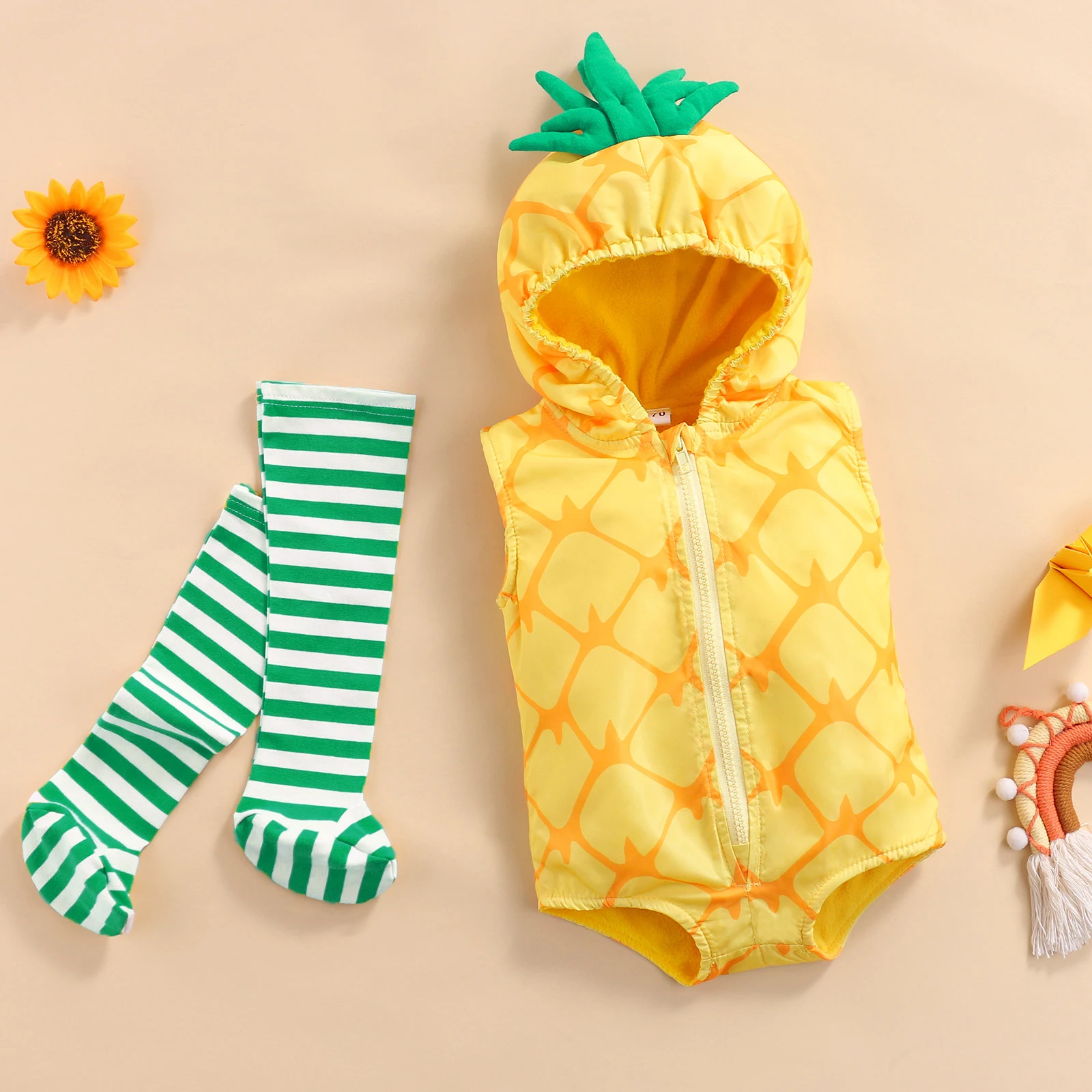 2026 New Fashion Pineapple Fruit Fancy Costume Hooded Romper Toddler Infant Baby Boy Girl Jumpsuit Legging 2Pcs Outfit