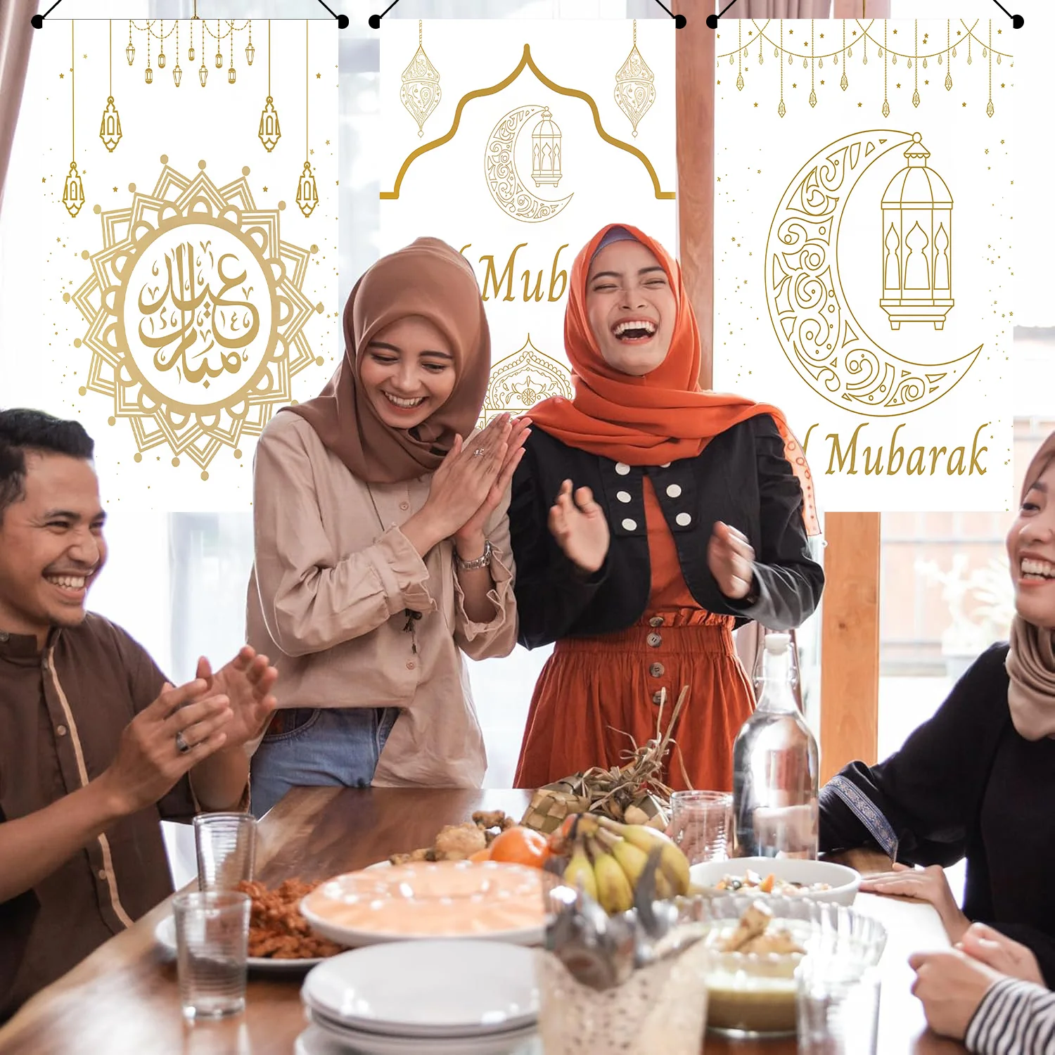 3 قطع من لافتة عيد الفطر الذهبية المعلقة لتزيين الحفلات، ديكور مهرجان العطلات، لافتة نجمة القمر، هدية للأطفال والكبار