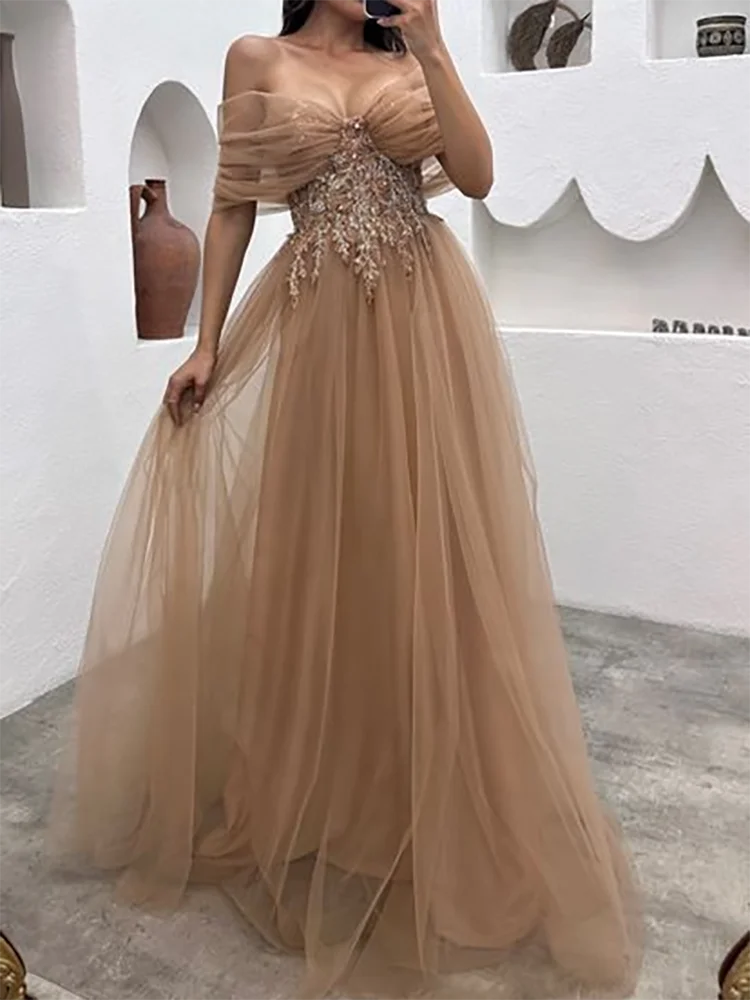 

Classic Off Shoulder Tulle Pleat Appliquins A-Line Formal Evening Dresses Birthday Party Prom Gowns Customized