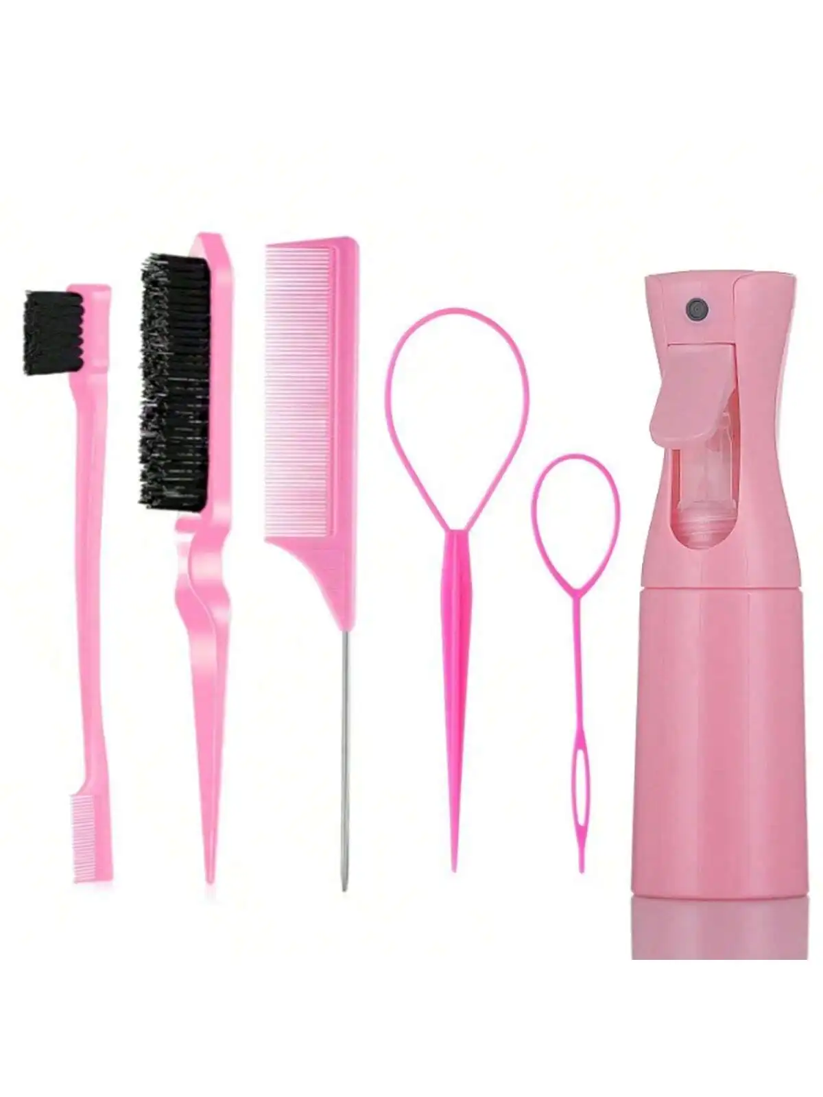 6-piece hair styling set, 6.76 oz spray bottle and nylon hair brush, mouse tail comb, edge control hair brush and hair tail tool