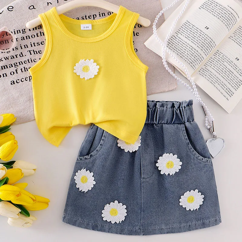 

2Piece 2025 Summer Toddler Girl Clothes Korean Fashion Cute Flowers Yellow Sleeveless Baby Tops+Denim Skirt Children's Sets B200