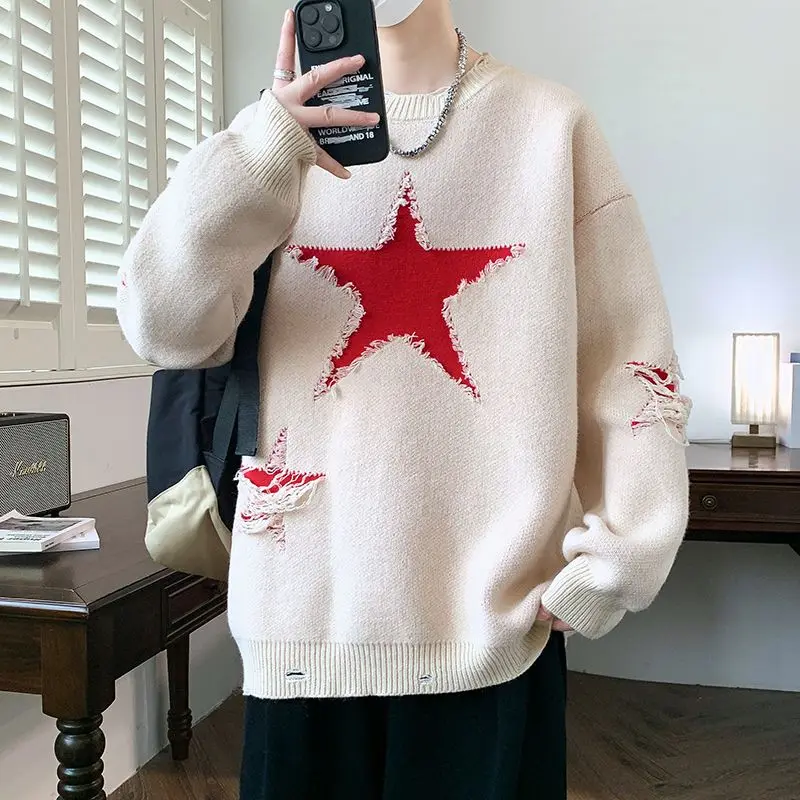 

New autumn and winter five-star pattern warm large size sweater men fashion loose casual sweater tops for men and women