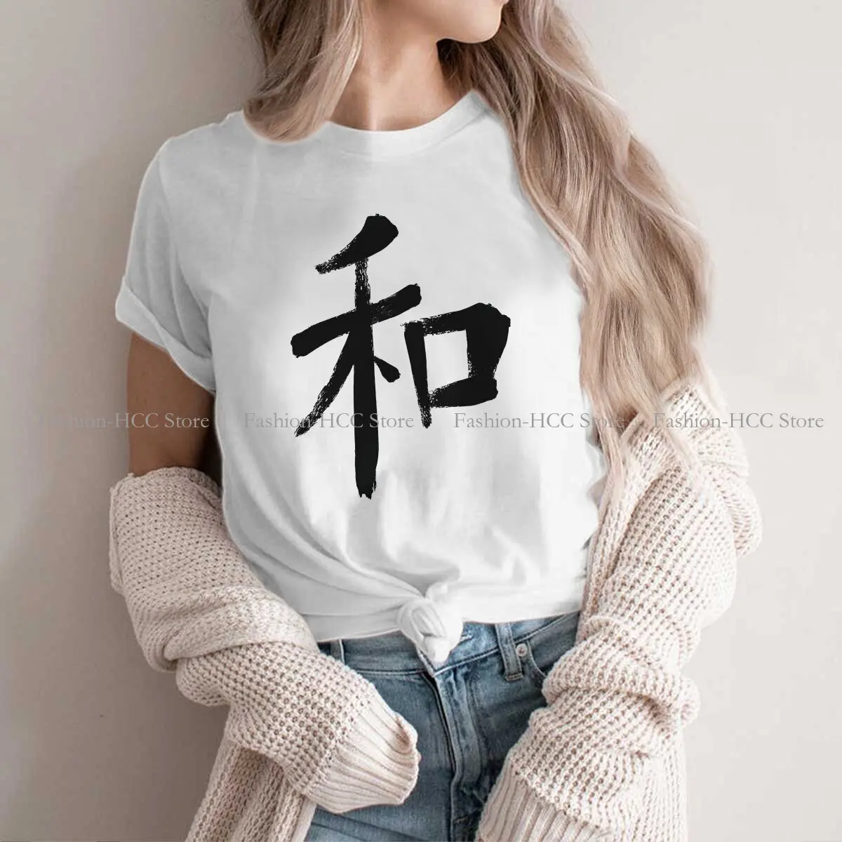 Japanese Kanji Peace Symbol Round Collar Polyester TShirt Chinese Character Classic T Shirt Woman's Clothes New Design