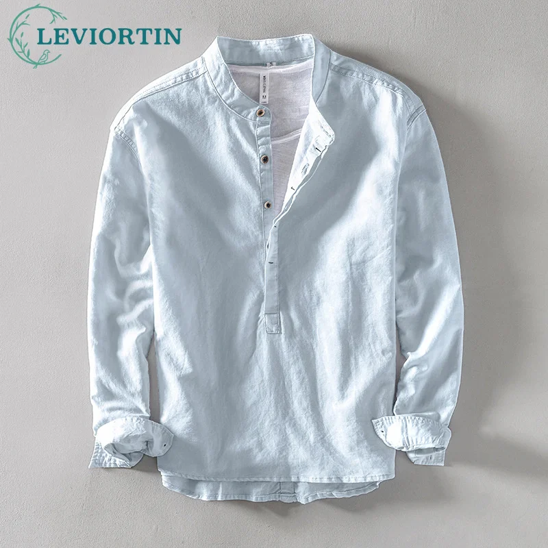 Casual Cotton Linen Shirt Men Spring Fashion Stand Collar Long Sleeve Japan Style Plain Blouse Breathable Daily Tops M-4XL