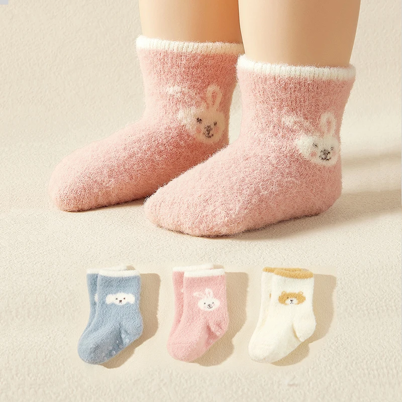 

3Pairs/Set Cute Rabbit Baby Socks Solid Color Cartoon Coral Fleece Sock for Infant Boy Girl Winter Warm Thicken Plush Socks