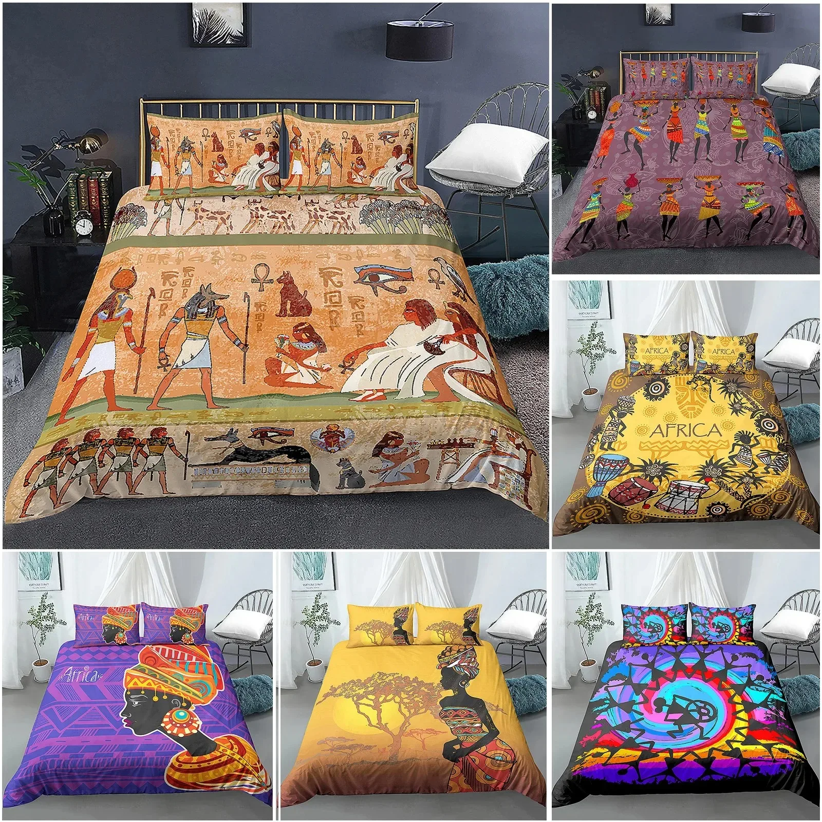 

Ancient Egypt Africa Style Pattern Quilt Covers Comforter Bedding Sets for Home Bedroom Duvet Cover Bed Decor US King Queen Size