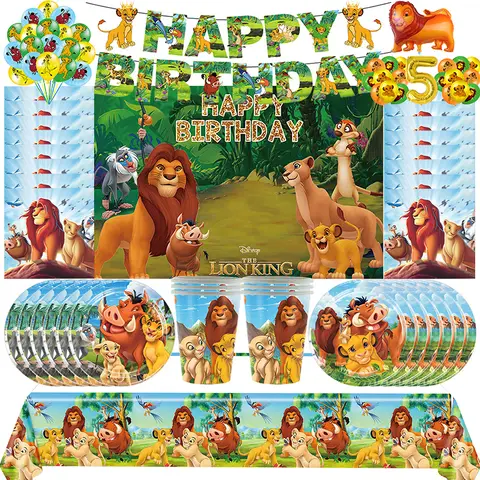 라이온 킹 생일 파티 장식 새로운 접시 Napinks 식탁보 선물 가방 배경 풍선 Simba 생일 장식 소년
