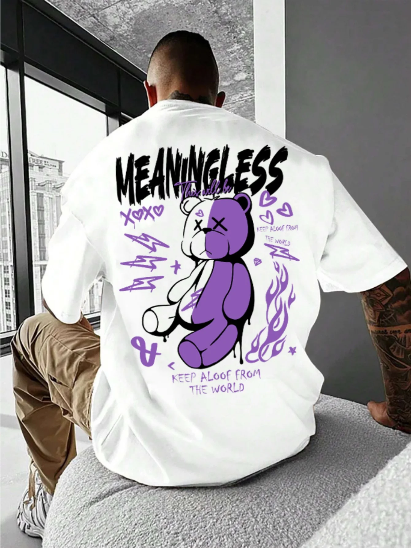 T-shirt surdimensionné pour hommes, imprimé graffiti d'ours sans sens, Streetwear décontracté, esthétique Harajuku, tee-shirt à manches courtes pour l'été