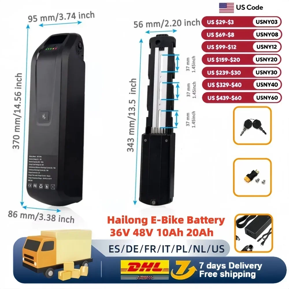 

Hailong E-Bike Battery 36V 48V 20Ah Mountain Bicycle 18650 Electric Bateria Pack for Bafang 1000W 750W 500W 250W Ship from US