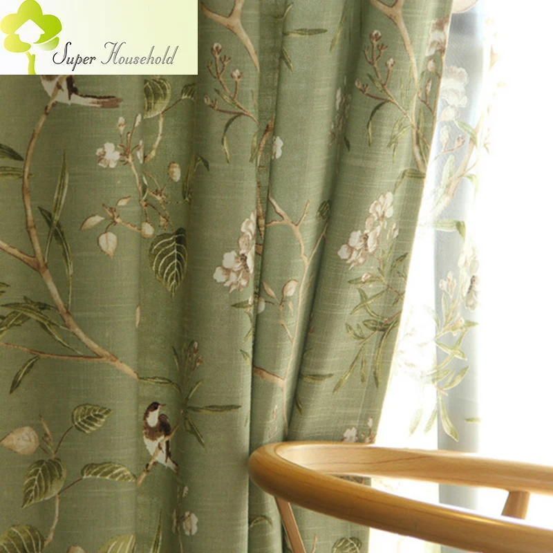 Birds Printed Cotton Linen Curtains for Living Room American Style Window Curtains for Bedroom Thick Curtain Children Room Tende