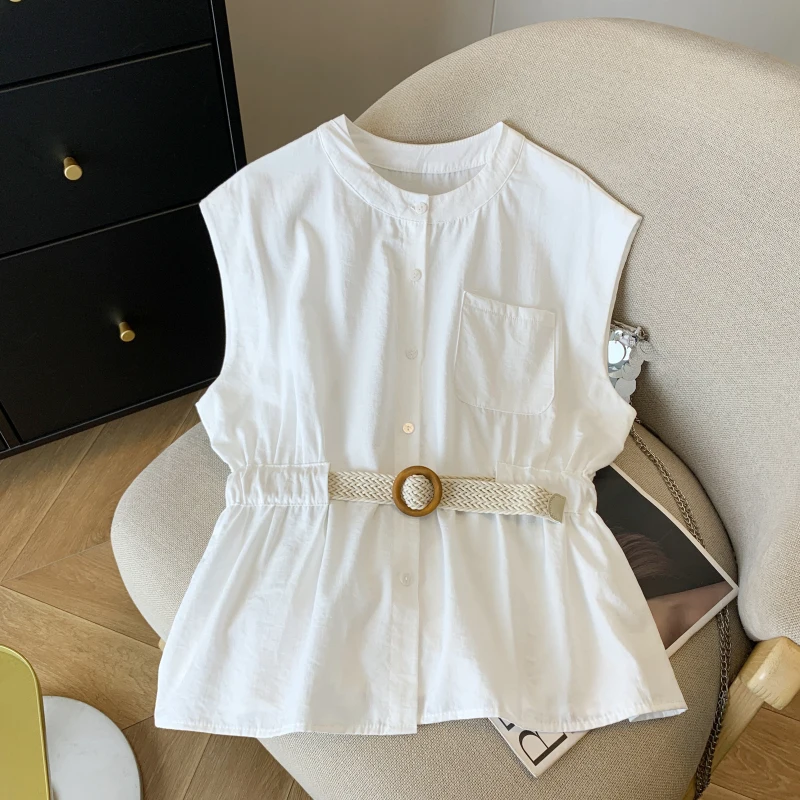 

Элегантная женская блузка без рукавов с поясом в корейском стиле, модный топ с открытыми плечами, летняя новинка, повседневная одежда