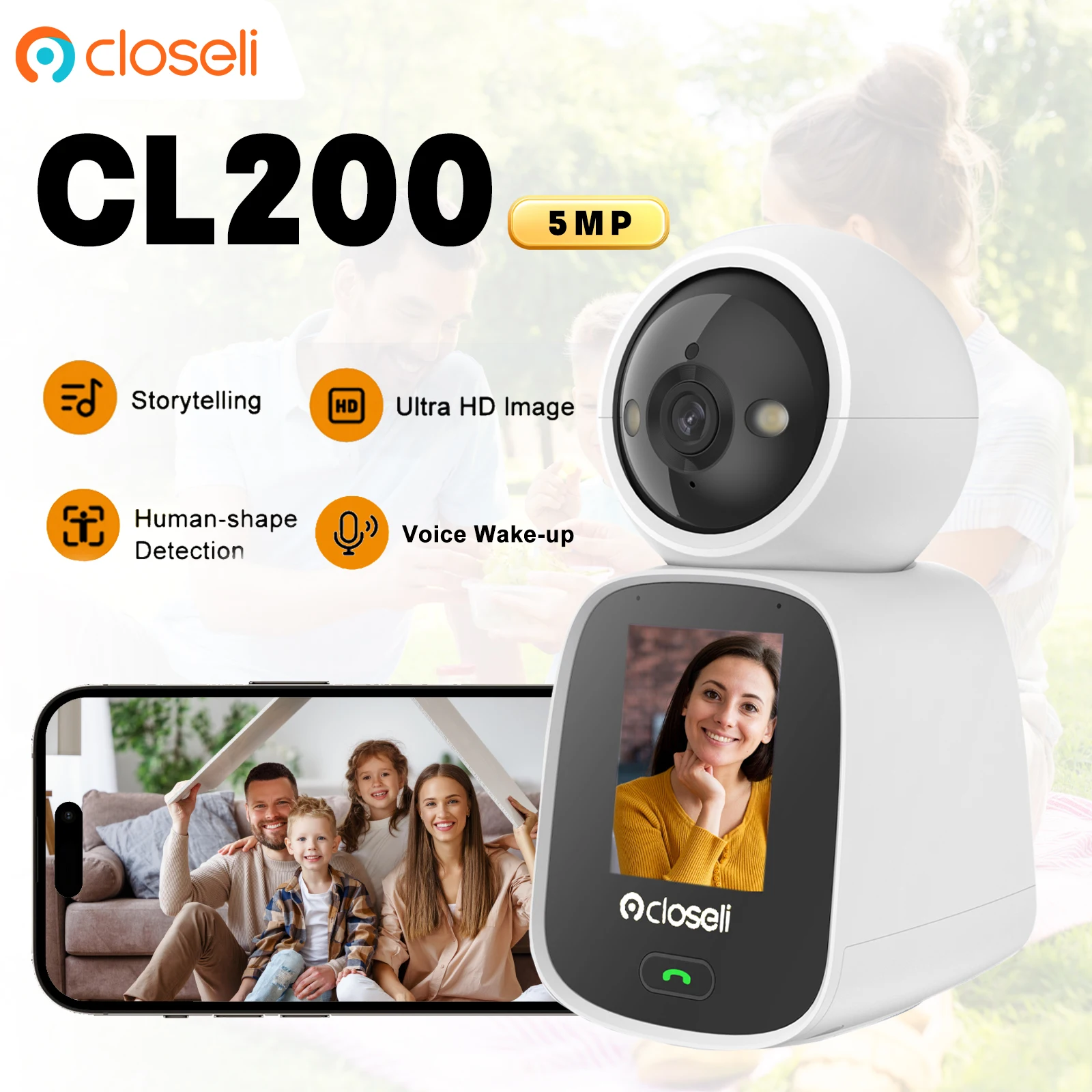 

Closeli Wi-Fi Video Calling Indoor Camera CL200 5MP Motion Detection Security Smart Home Full-color Night Vision Baby Monitor