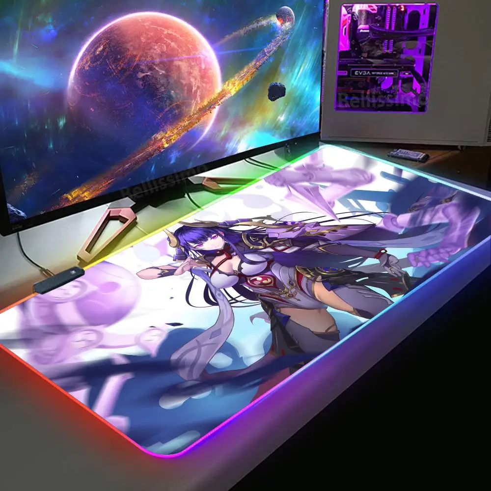 

Genshin Impact Raiden Shogun Gaming RGB Mouse Pad 900x400mm Laptop PC Gamer Anime LED Lighting Mousepad Colorful Luminous Mats