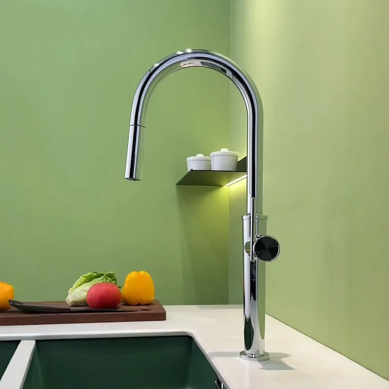 Japanese Style Solid Brass Kitchen Tap Pull Out Spray, PEX Hose Anti-Splash Single Lever Sink Faucet