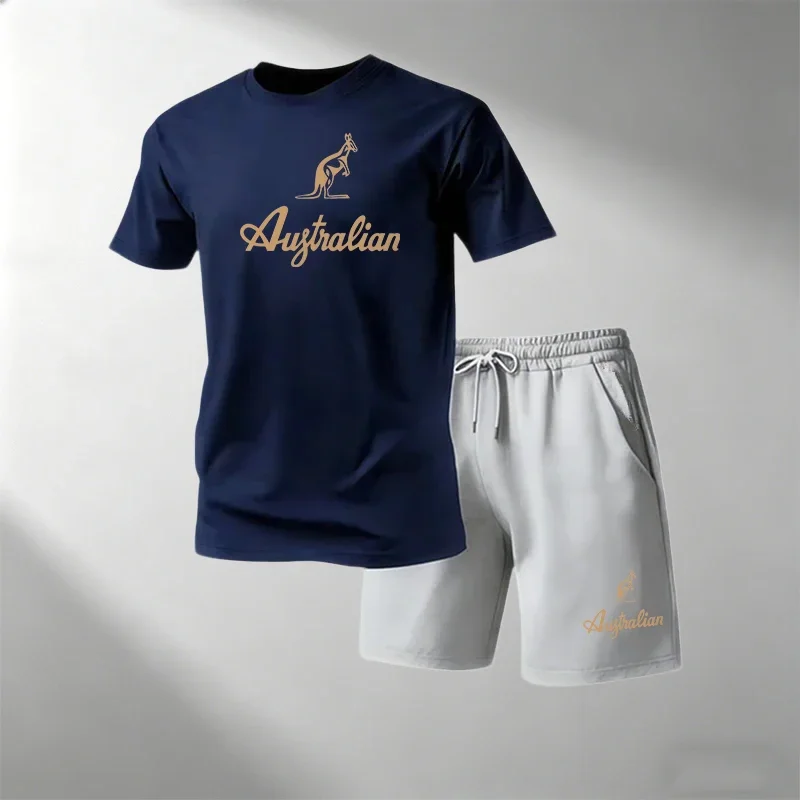 Men's Fitness T-Shirts Sets Breathable Quick Dry Short Sleeve + Sports Shorts Summer Casual Round Neck Suit Hot Sale Street view 2