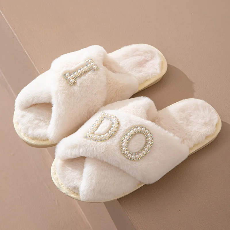 BRIDE Fluffy Slippers Wedding Bachelorette Party Gift Bridesmaid Open Toe Slippers Indoor image 6
