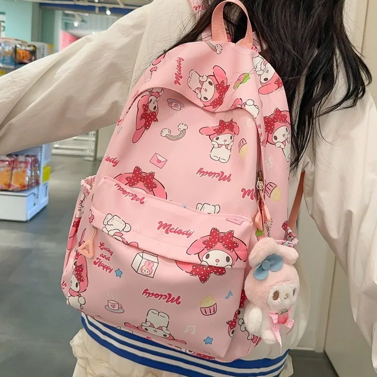 Sanrio Nylon Backpack For Women My Melody Cartoon Waterproof Print Students School Bag Large Capacity Casual Daypack Travel Bag