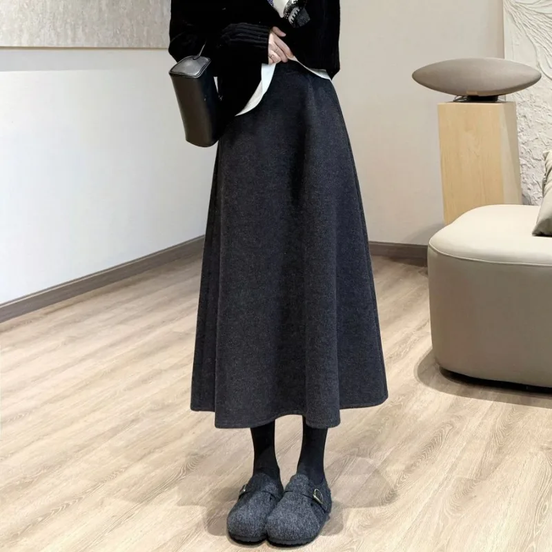 

Women's High Waist Wool Blend Midi Skirt Casual A-line Swing Skirt Solid Color Warm Winter Skirt