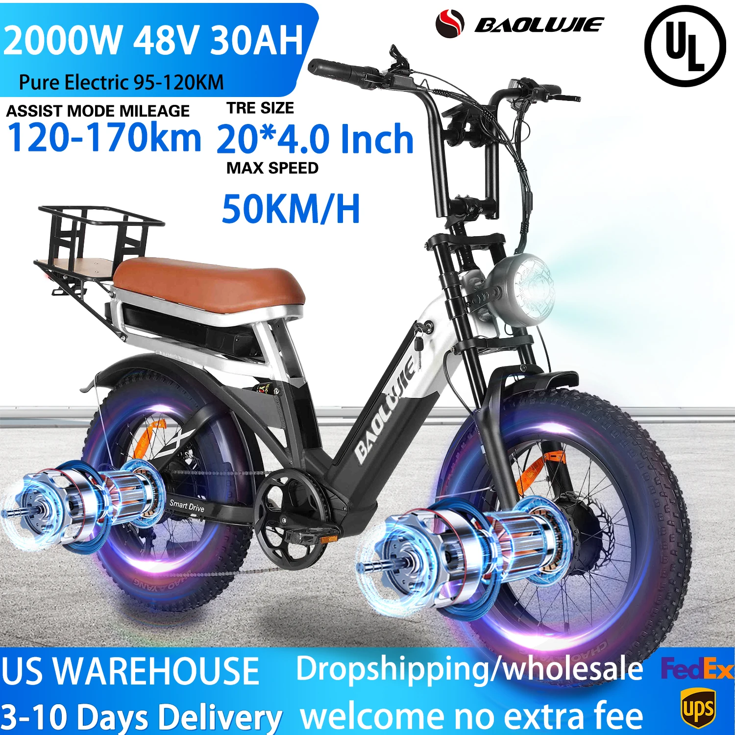 

Ebike 2000W Adult Electric Bicycle 48V 30AH E Bike 20 Inch Fat Tire Electric Bike for Woman/Man Hydraulic Brake E-bike Off-Road