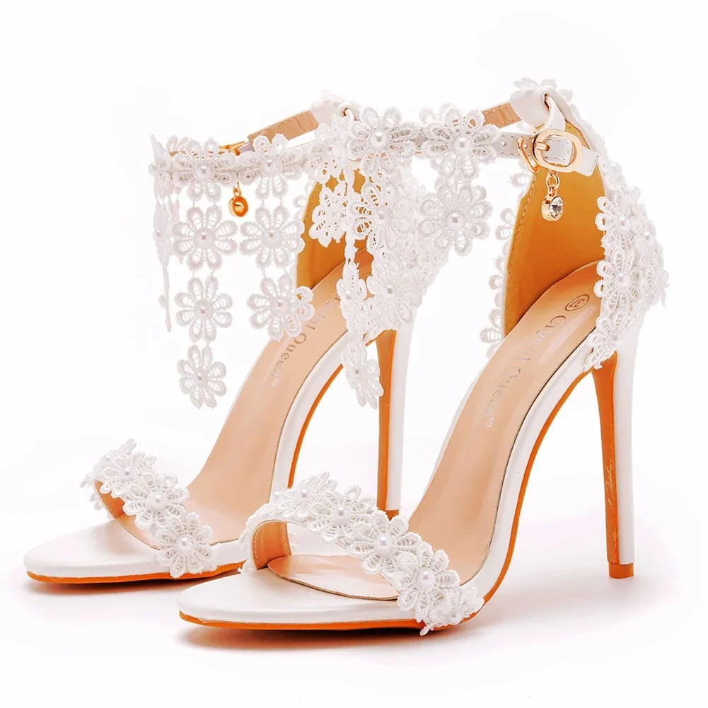 Foreign trade tassel sandals with white buckle and fish mouth Roman sandals with white lace high-heeled sandals