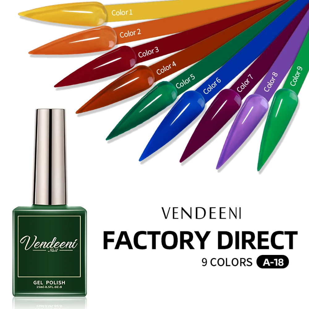 Vendeeni 9 Colors Rainbow Pure Color Crystal Gel Nail Polish Soak Off Red Green Gel Varnish Glass Beads Lasting Gel Lacquer