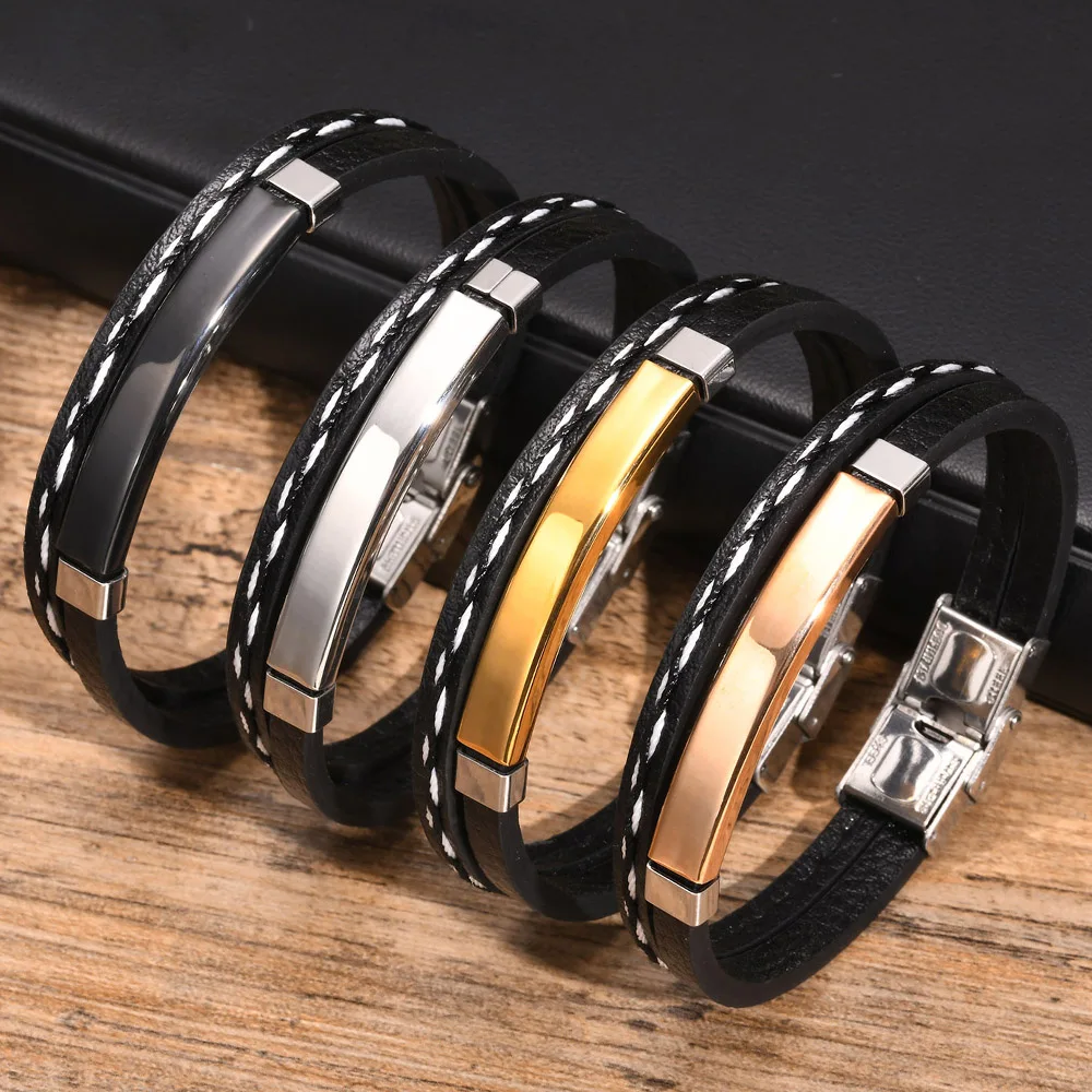 Vnox Free Customized Name Date Bracelets for Men Husband Dad Grandpa, Black PU Leather Bangle Wristband,Gentle Personalized Gift