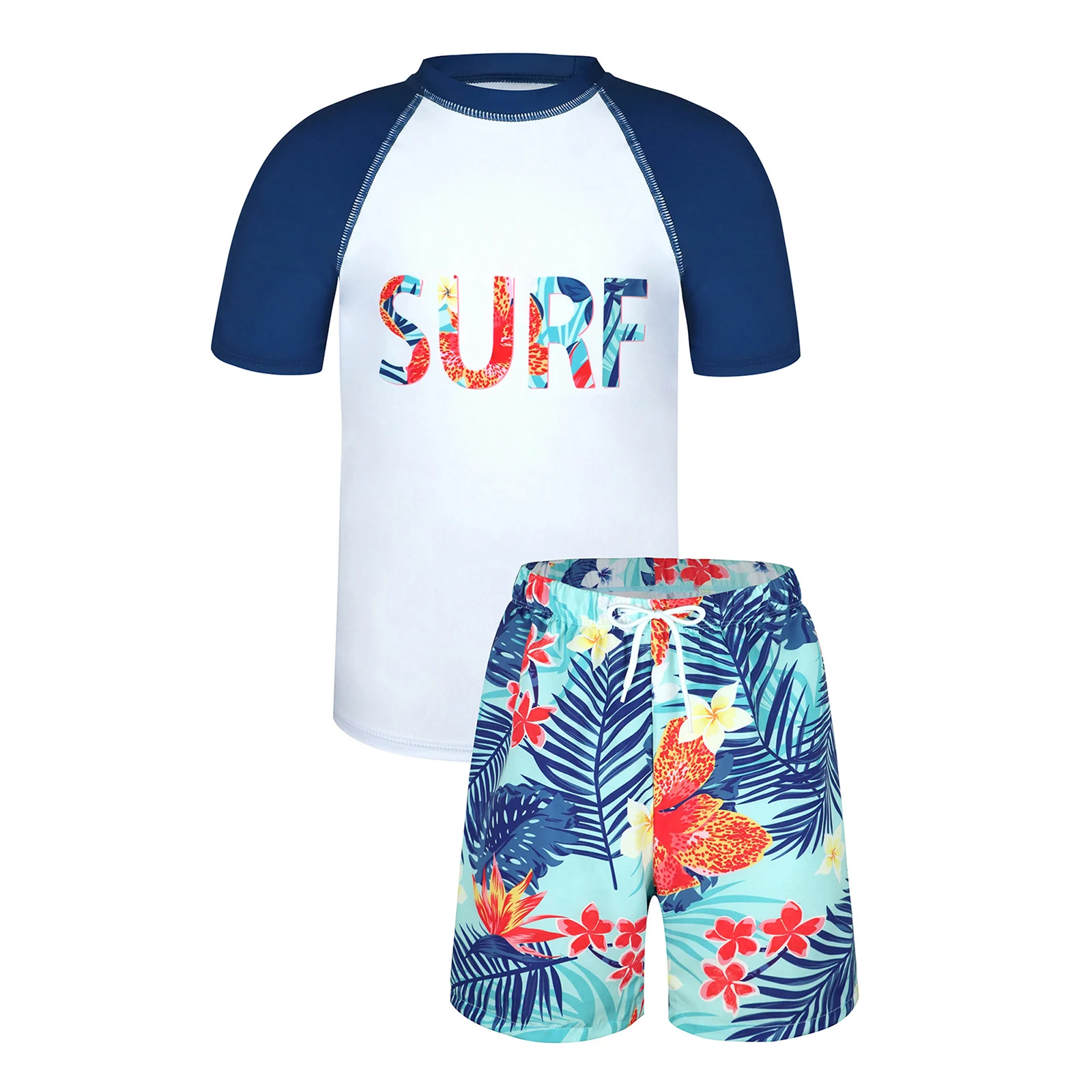 

Kids Boys Two Piece Swimwear Set Round Neck Short Sleeve Color Block Letter Top with Elastic Waistband Knot Decorated Shorts