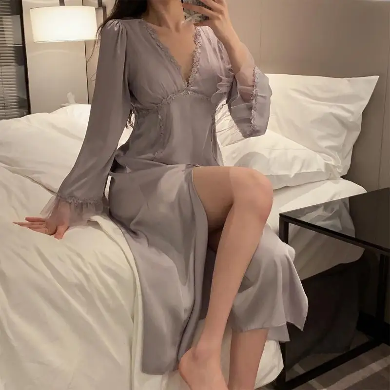 150Kg Large Size Women's Summer Thin French Lace Ice Silk Pajamas Spring and Autumn Fat Mm Nightgown Comfortable Breathable