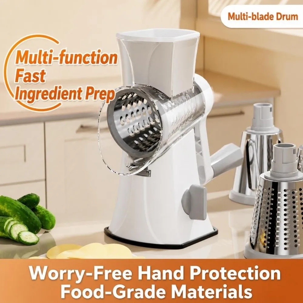 3 in 1 Rotary Cheese Grater 3 Sharp Drums Julienne Peanut Nuts Grinder Clear Kitchen Mandoline Slicer Garlic Potato