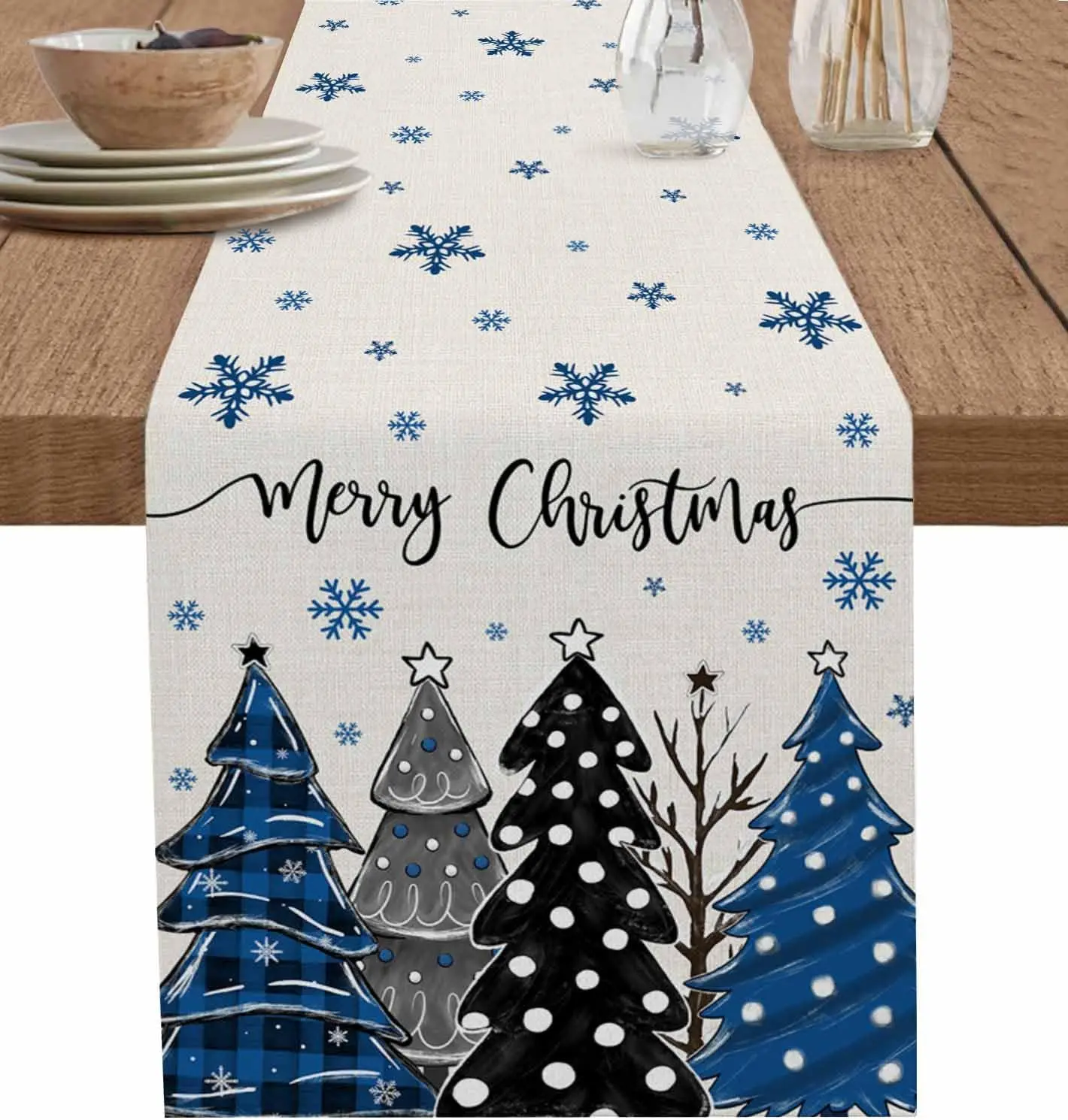 Merry Christmas Tree Snowflakes Linen Table Runner Table Decor Reusable Winter Xmas Dining Table Runners Christmas Decorations