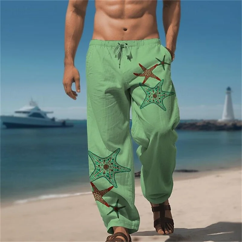 Men's Hawaiian-Style Beach Pants Casual Loose-Fitting Oversized Wide-Leg Pants Simple Starfish-Print Straight-Leg Pants