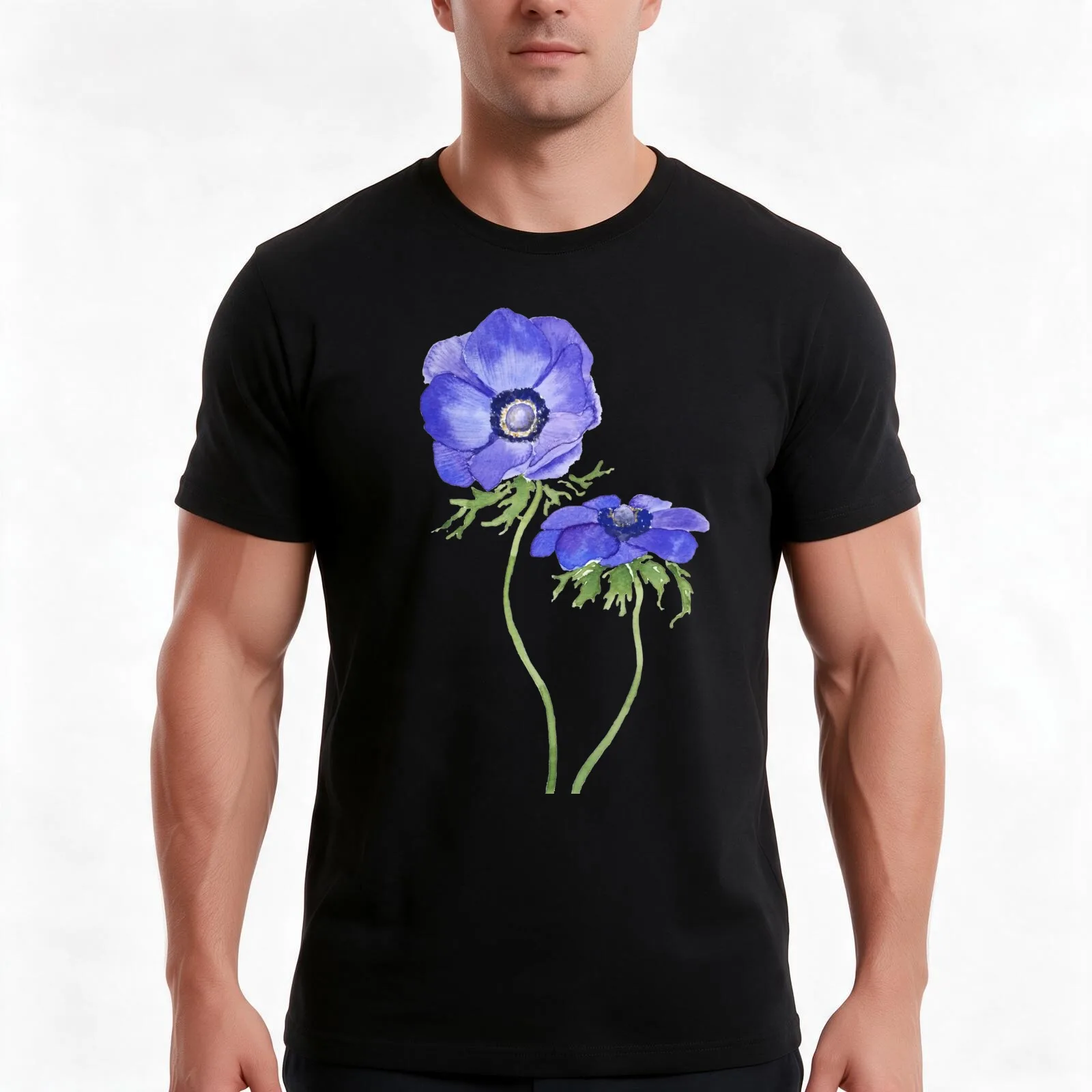 blue purple anemone flowers watercolor T-Shirt, Summer Casual Cotton Tee, Oversized Streetwear Tops, Vintage Graphic Print