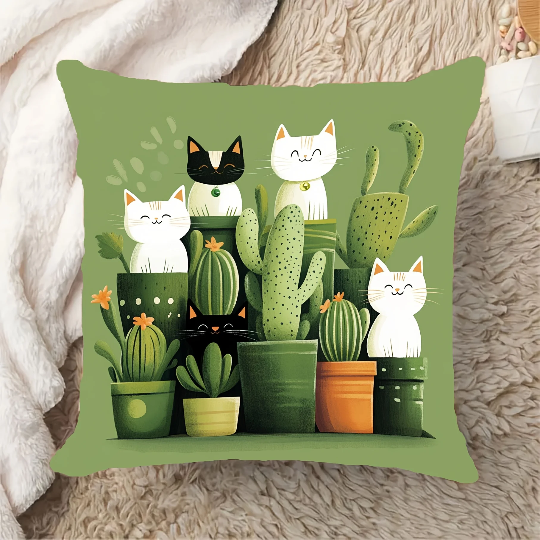 Cute Cat and Cactus Print Throw Pillow Cover for Sofa Couch Home Decor Aesthetic Cushion Pillowcase