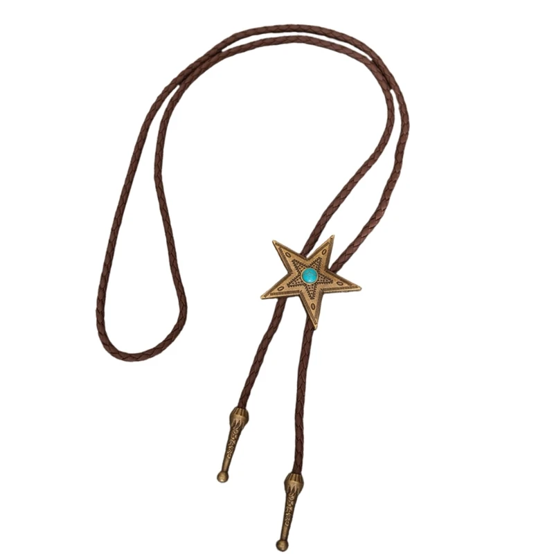 Braided Leather Cord Bolo Tie with Metal Star Turquoises Pendant for Men's Country Outfits Adjustable Necktie Necklace