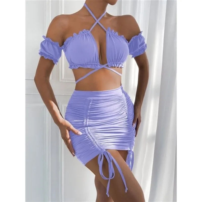 

2025New Women's Sveless Two-Piece Suit European and American Summer Hollow out Strap Ruffle Dress